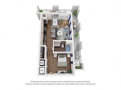 Floor plan for studio, 1 bath, 632 sqft